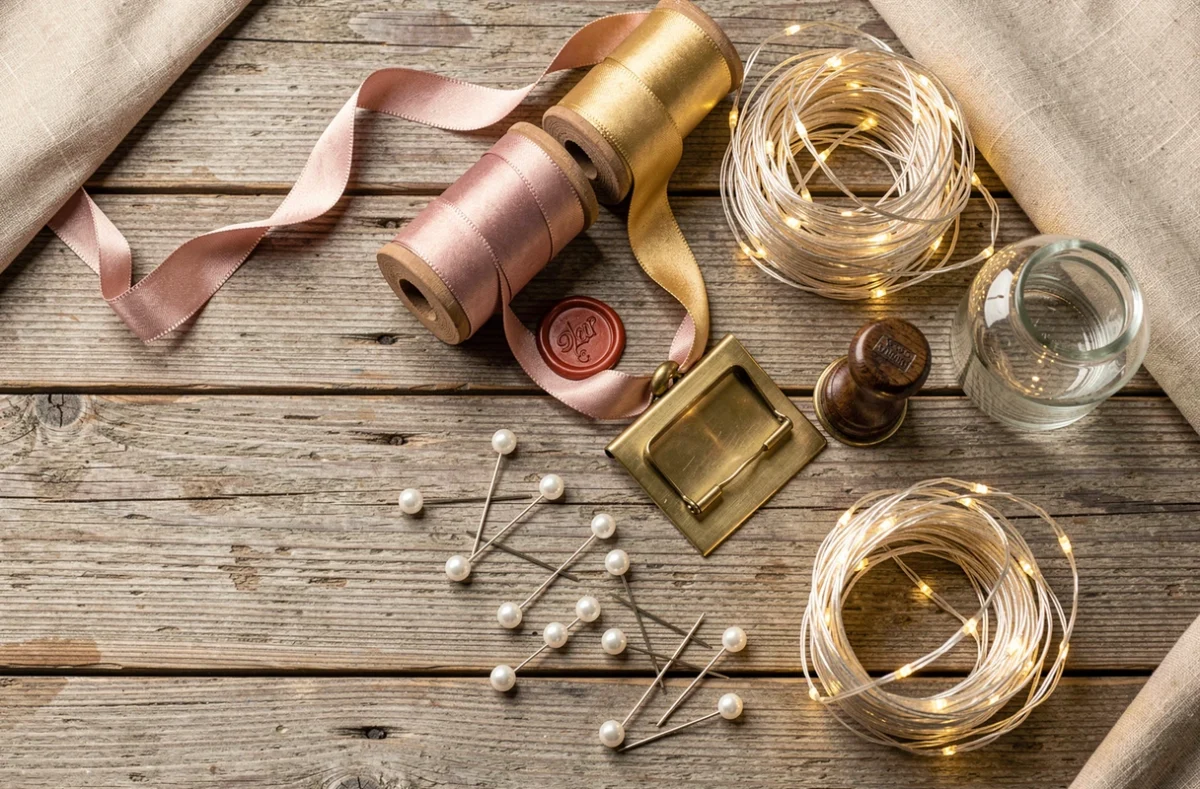 Flat-lay d'accessoires essentiels pour décoration d'événements : rubans en soie, sceaux en cire, porte-cartes en laiton et guirlandes lumineuses