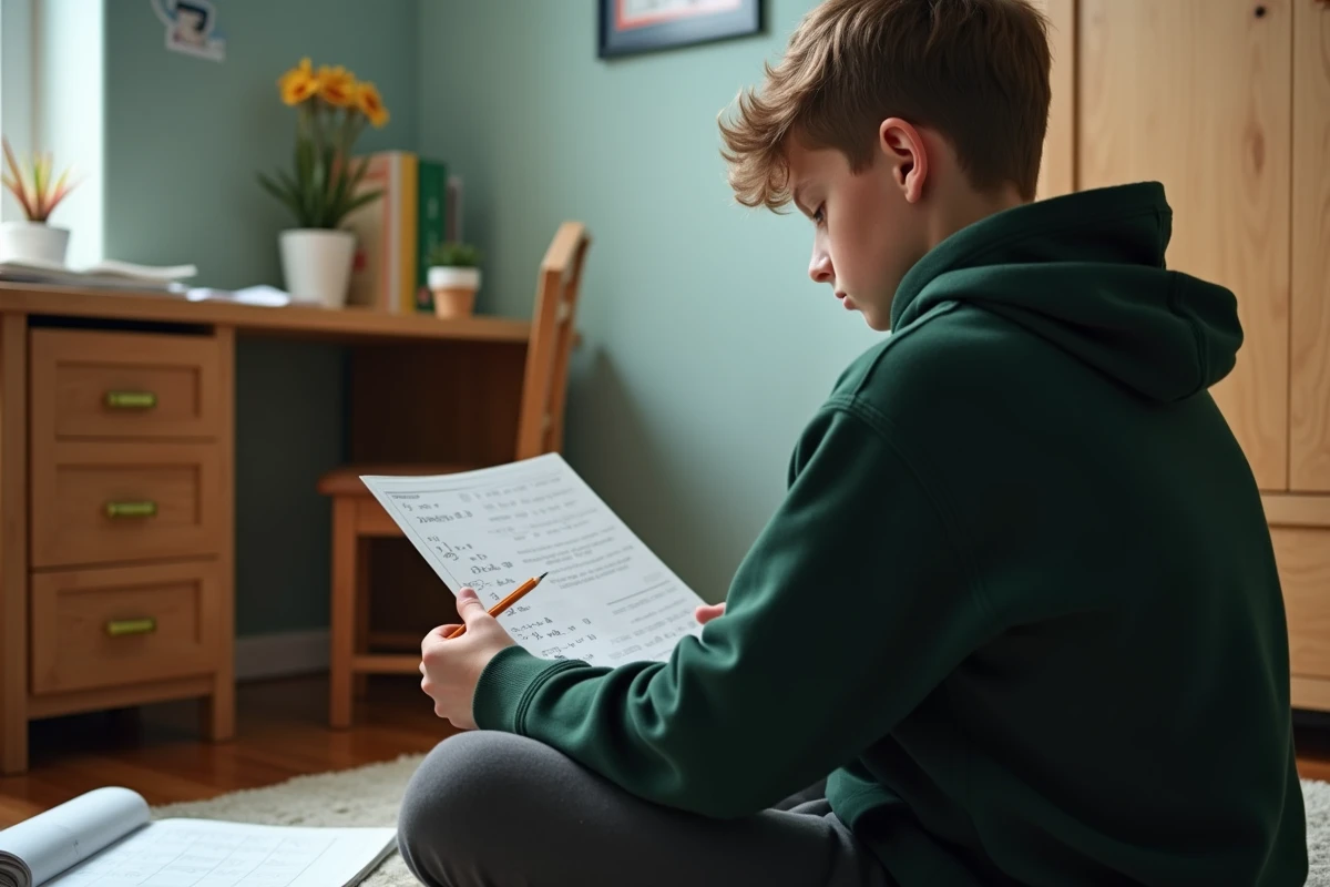 Adolescent révisant les formules trigonométriques sin et cos avec une fiche mémo dans sa chambre