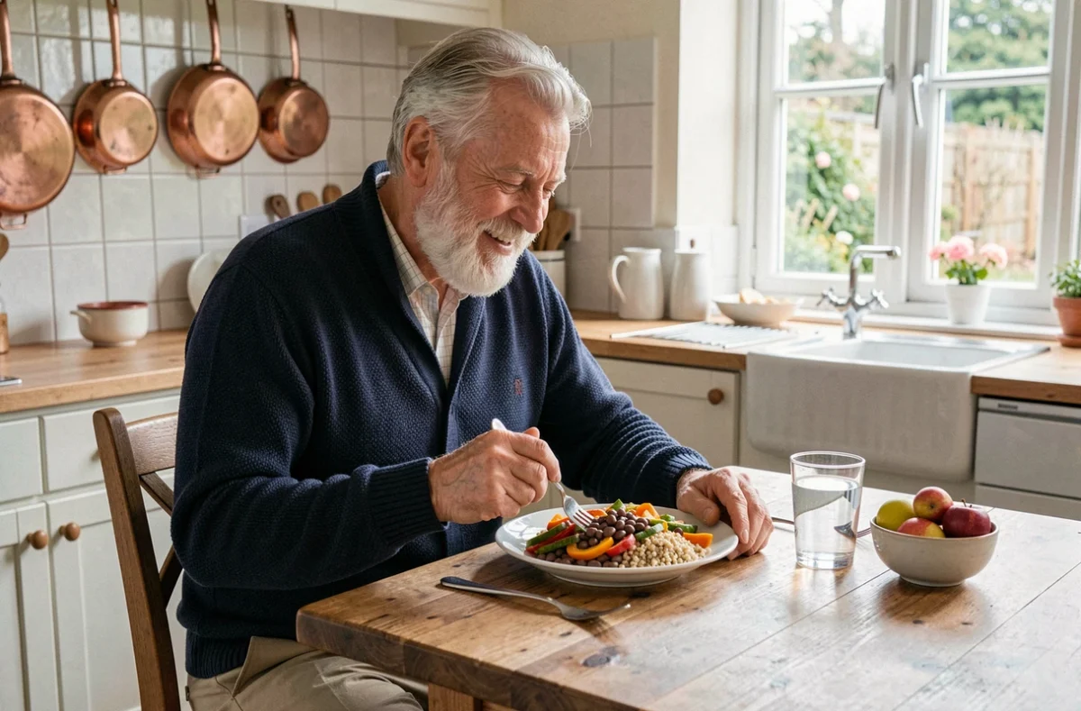 Senior masculin savourant un repas sain et équilibré à base de légumes et légumineuses dans une cuisine familiale