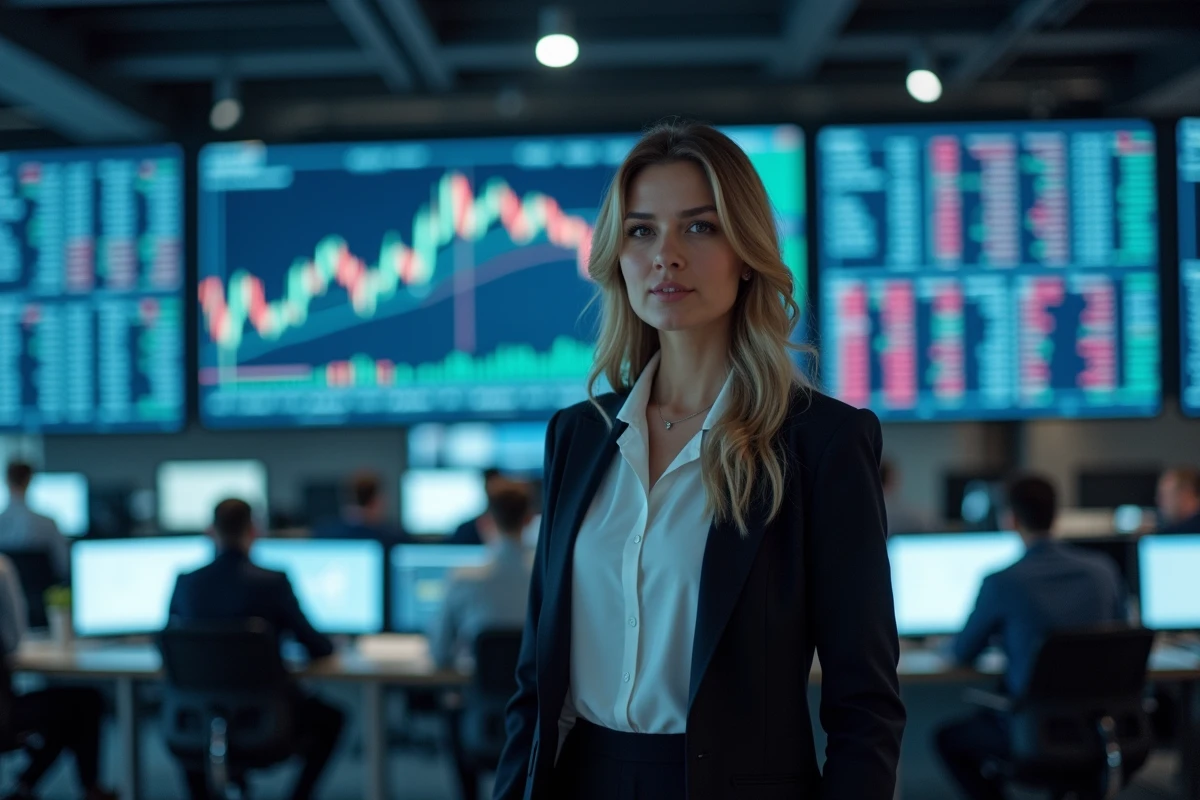 Une analyste financière devant un tableau de bord boursier en temps réel dans une salle de trading moderne
