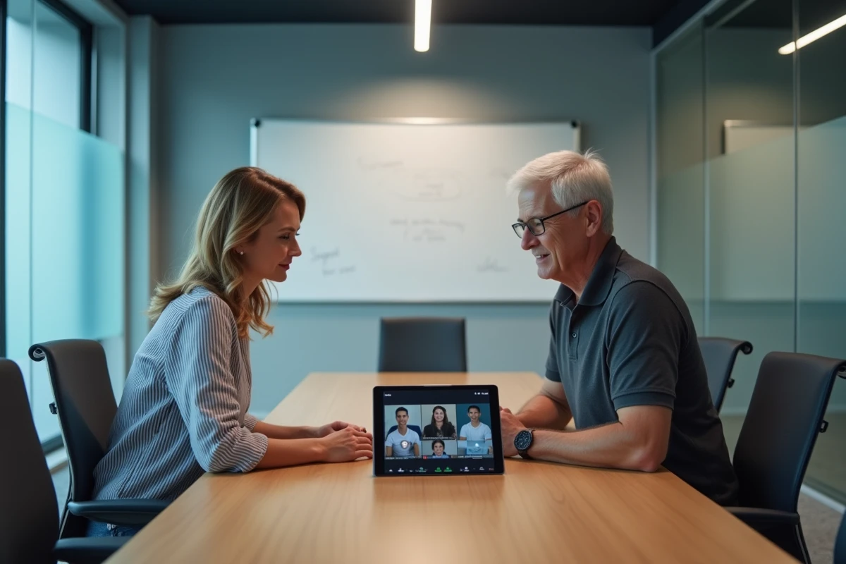 Deux collègues identifiant ensemble les participants d'une réunion Microsoft Teams sur une tablette dans une salle de réunion moderne