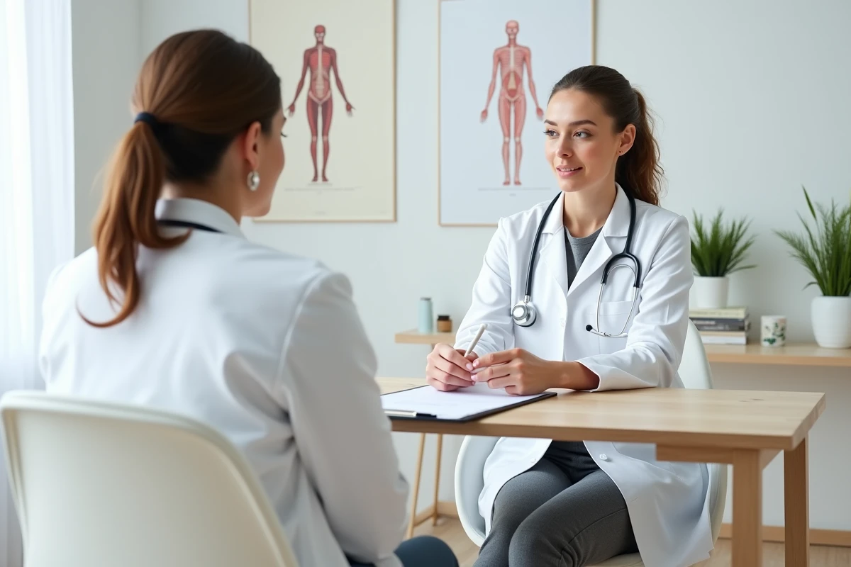 Séance de consultation pratique supervisée entre une étudiante praticienne en santé naturelle et une patiente dans une clinique de formation
