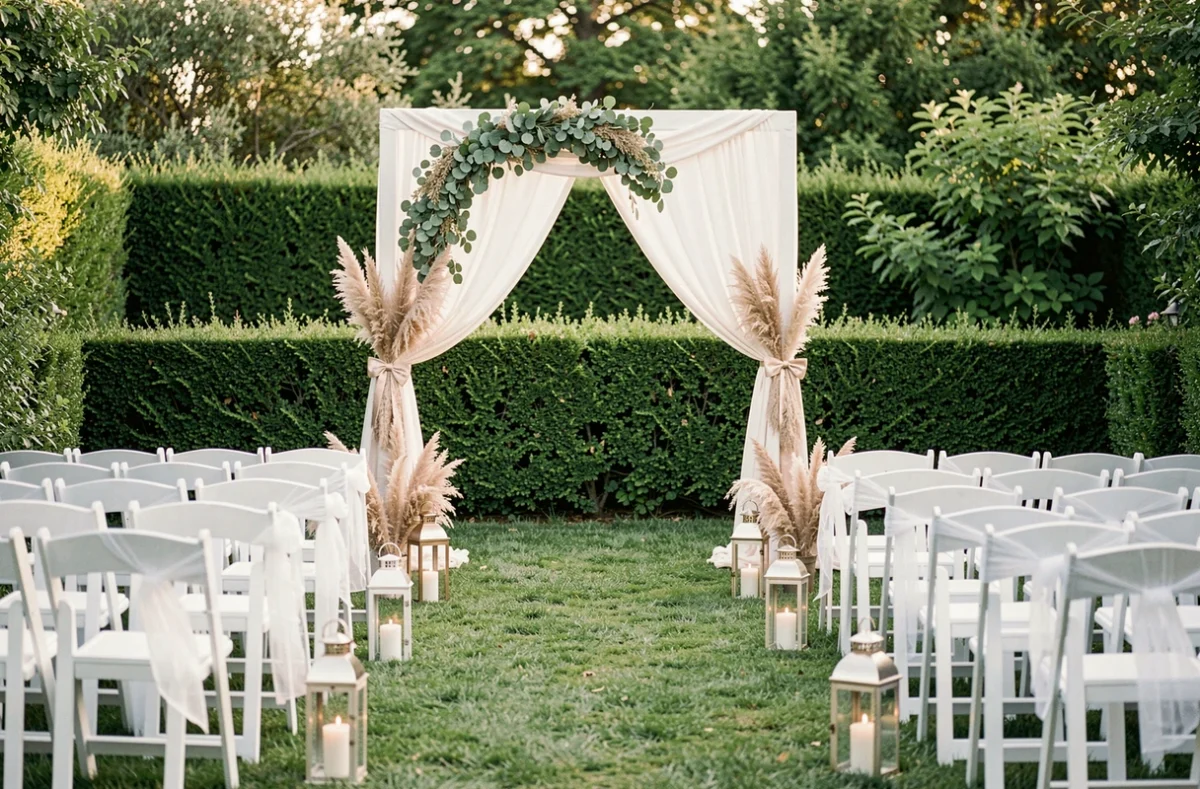 Allée de mariage en plein air avec chaises blanches en bois, arche drapée en tissu, guirlandes d'eucalyptus et lanternes sur pelouse