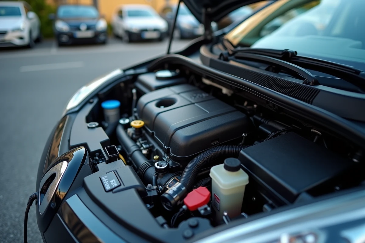 Moteur d'une Renault Clio 4 avec scanner OBD2 branché pour diagnostiquer un voyant risque casse moteur
