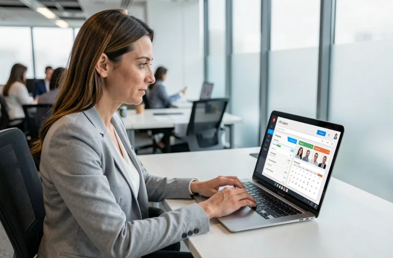 Employée RH utilisant un portail de gestion des ressources humaines sur ordinateur portable dans un bureau moderne