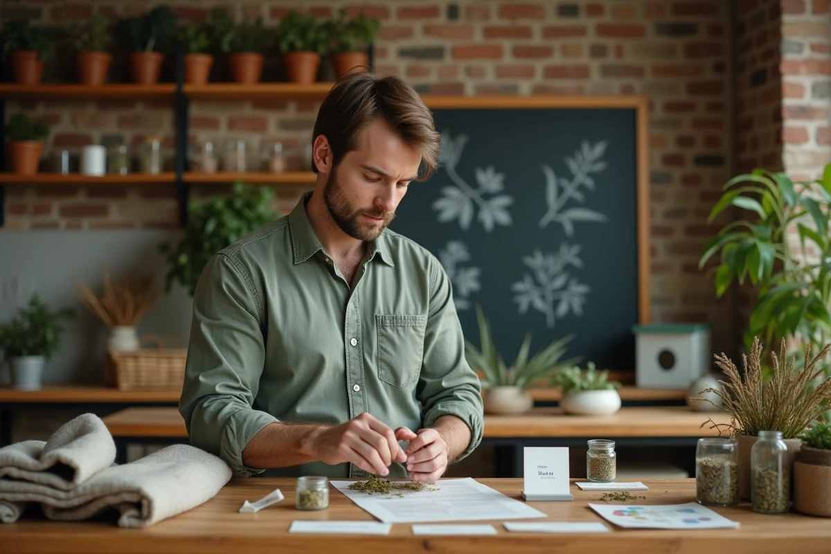 Étudiant en naturopathie manipulant des plantes médicinales séchées dans une salle de classe professionnelle