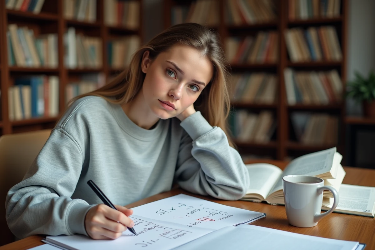 Étudiante prenant des notes sur les formules trigonométriques sin et cos dans une bibliothèque universitaire
