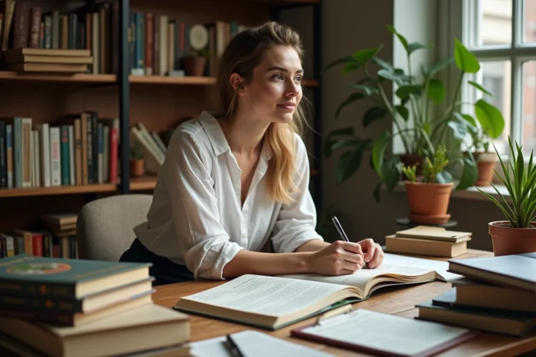 Étudiante en santé naturelle prenant des notes entourée de manuels de médecine naturelle et d'anatomie à son bureau