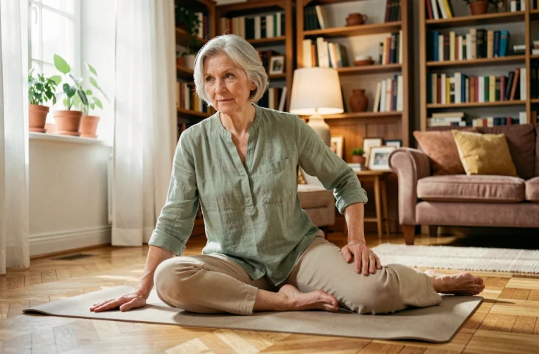 Femme senior faisant des exercices d'étirement doux sur un tapis de yoga dans un salon chaleureux