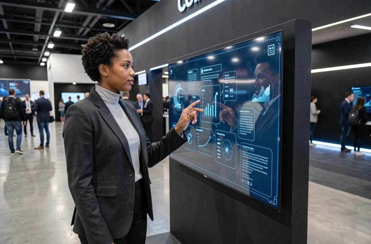 Femme présentant une interface holographique lors d'une exposition technologique