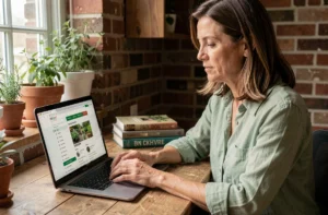 Femme consultant le plan du site Le Jardin d'Emilie sur un ordinateur portable dans un bureau cosy avec des plantes