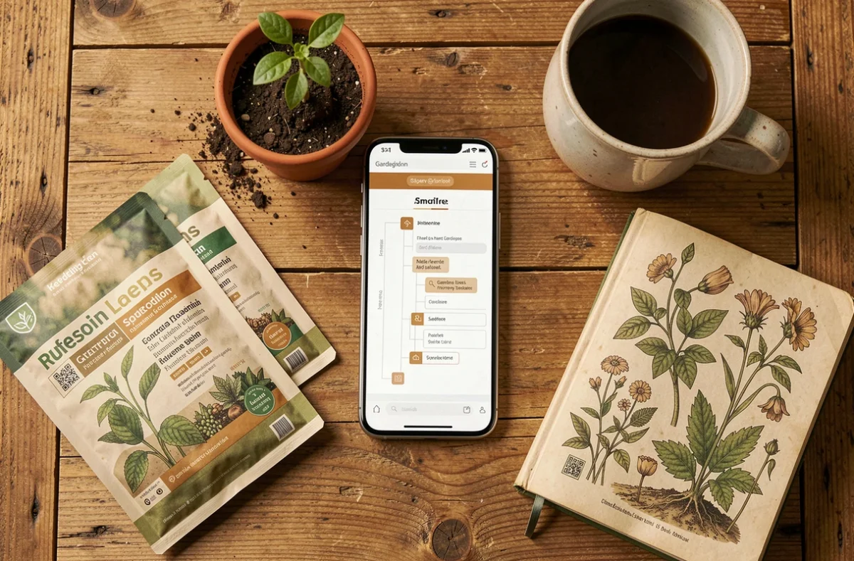 Vue aérienne d'un smartphone affichant le plan du site Le Jardin d'Emilie entouré d'accessoires de jardinage sur une table en bois