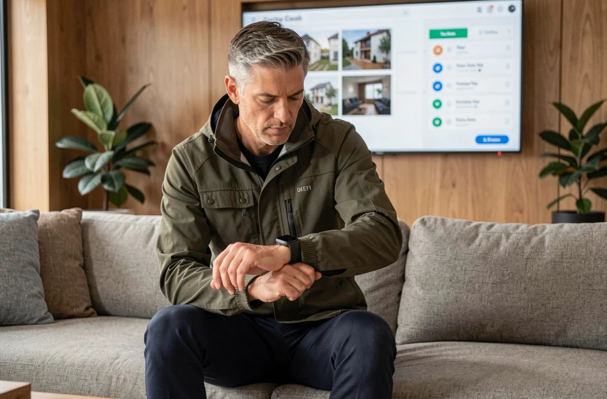 Homme configurant une montre connectée dans un salon équipé d'une maison intelligente