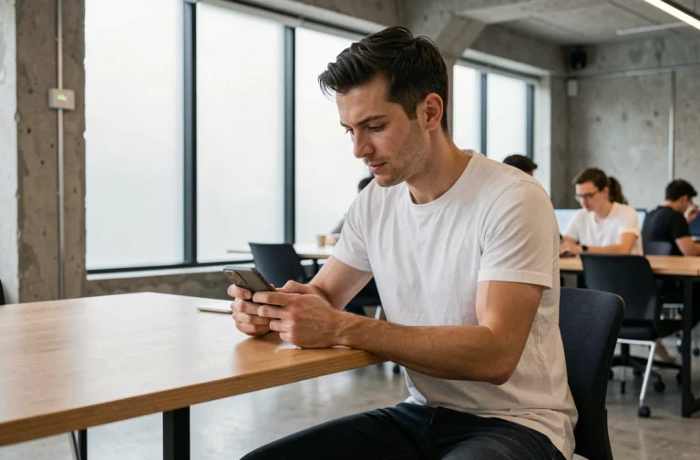 Homme utilisant un smartphone pliable dernière génération dans un espace de co-working moderne