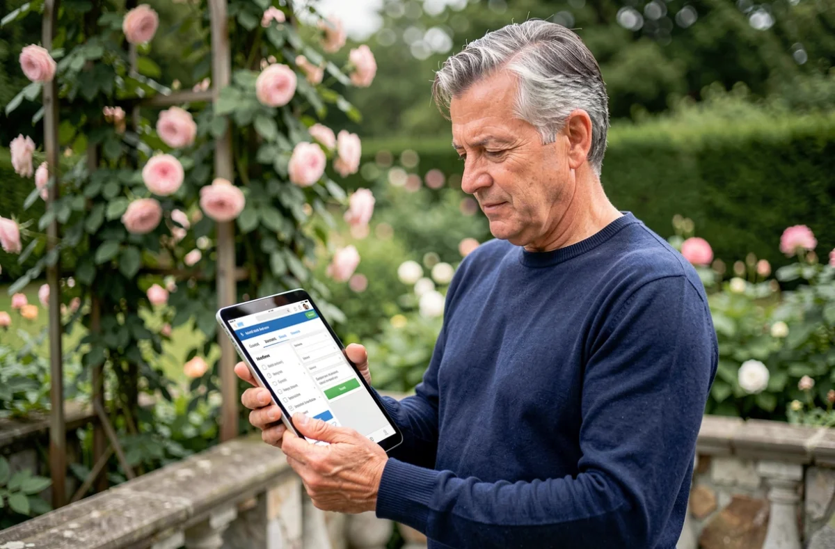 Homme naviguant sur le plan du site d'un jardin botanique via une tablette sur une terrasse en pierre entourée de verdure