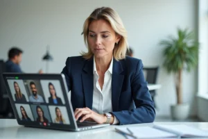 Femme professionnelle identifiant les participants lors d'une réunion Microsoft Teams sur un ordinateur portable au bureau