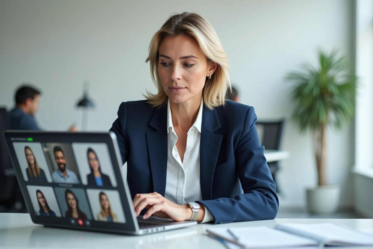 Femme professionnelle identifiant les participants lors d'une réunion Microsoft Teams sur un ordinateur portable au bureau