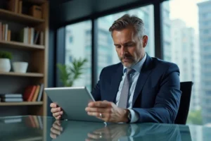 Un investisseur professionnel analysant des graphiques financiers sur une tablette dans un bureau moderne avec vue sur la ville