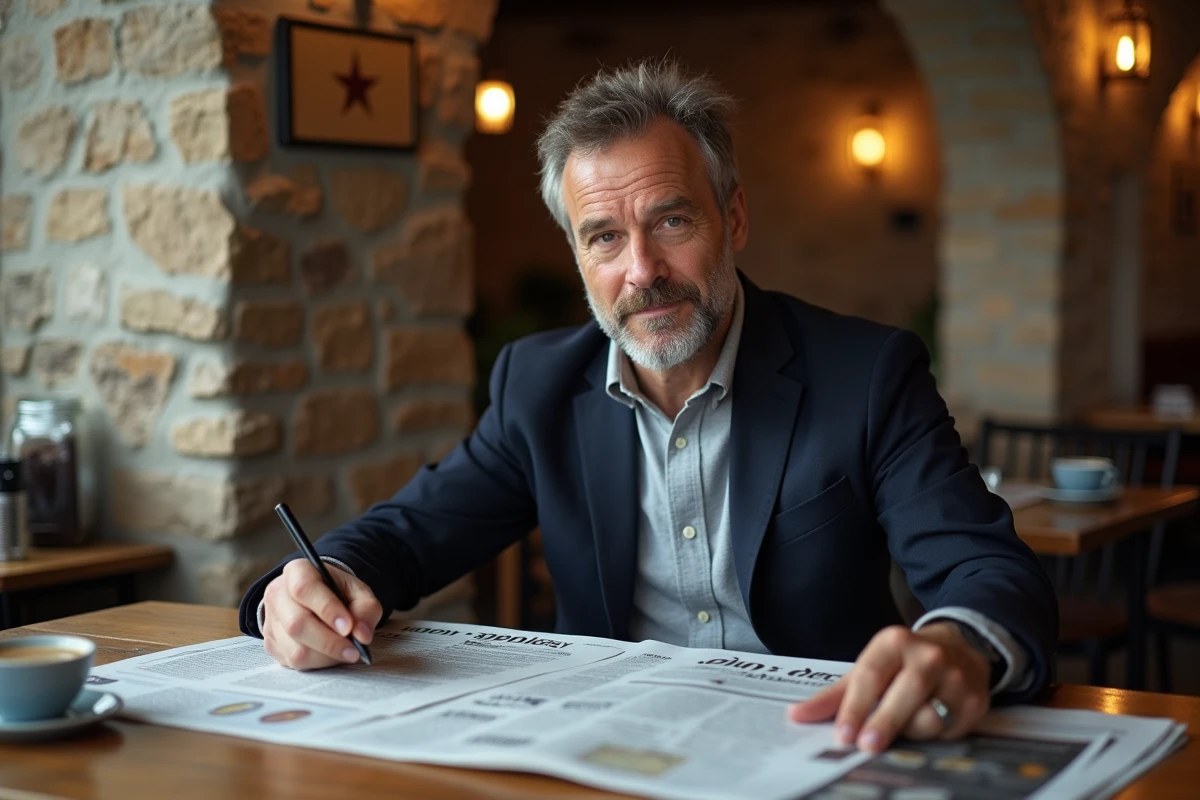 Journaliste breton lisant des journaux régionaux dans un café traditionnel aux murs en pierre de Bretagne