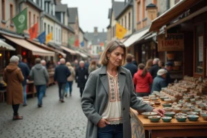 Femme bretonne en costume traditionnel explorant un marché artisanal en Bretagne avec des façades médiévales en arrière-plan