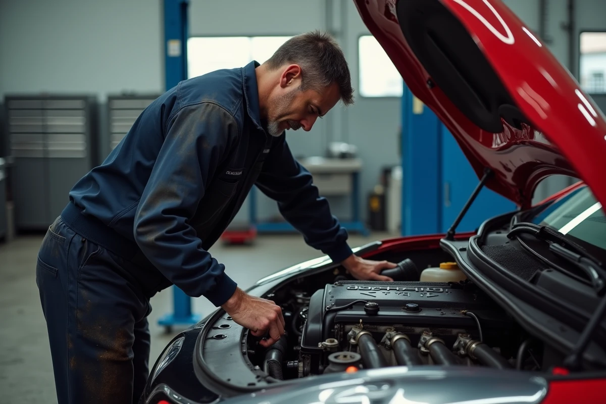 Mécanicien inspectant le moteur d'une Renault Clio 4 dans un garage professionnel suite à l'allumage du voyant risque casse moteur