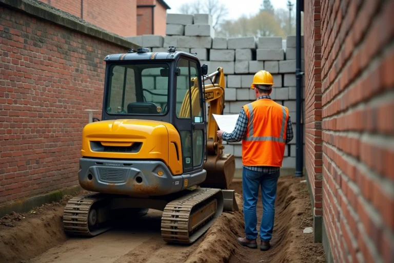 Mini pelle jaune compacte sur un chantier résidentiel étroit avec opérateur consultant des plans de construction