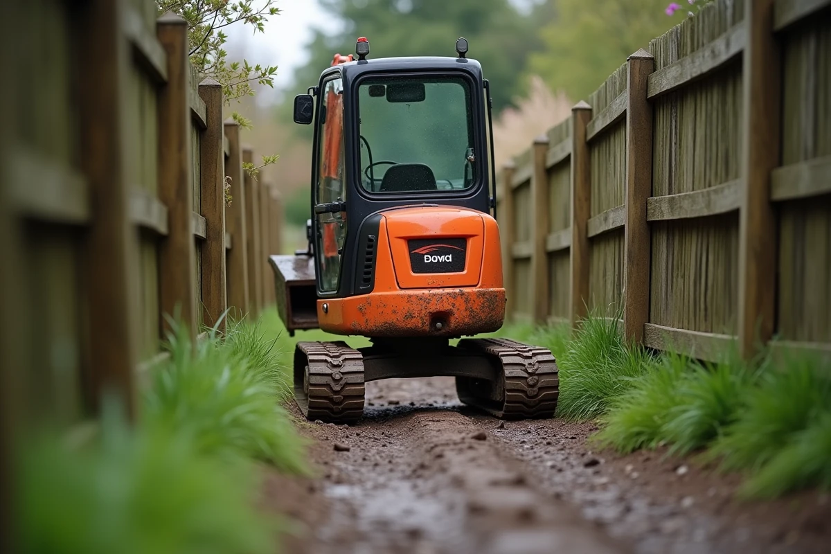Mini pelle orange passant par un portail de jardin étroit pour illustrer la largeur minimale de passage