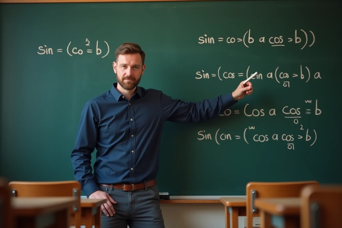 Professeur de mathématiques expliquant les formules de trigonométrie sin(a)cos(b) au tableau noir