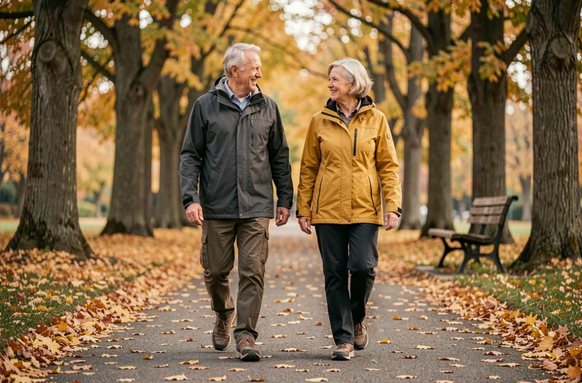Couple de seniors marchant ensemble dans un parc en automne pour maintenir leur santé physique et sociale