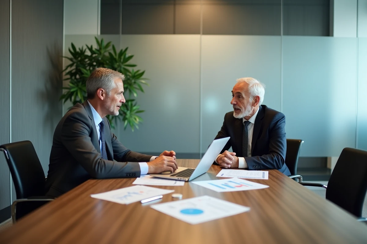Un client senior et son conseiller financier discutant de stratégies d'investissement autour de rapports financiers en salle de réunion