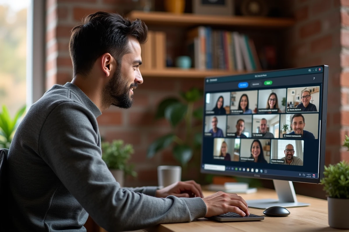 Homme en télétravail consultant la liste des participants à une réunion Teams sur grand écran depuis son bureau à domicile