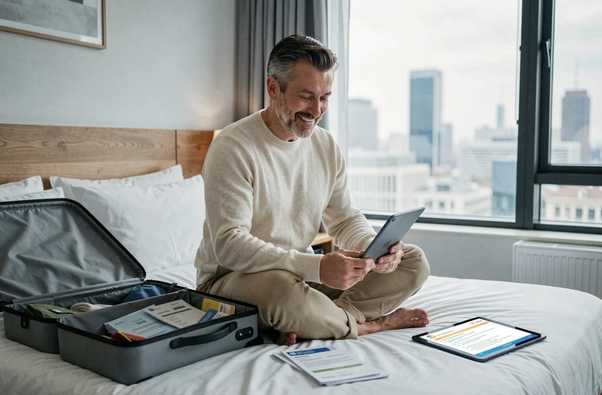 Voyageur planifiant son itinéraire sur tablette dans une chambre d'hôtel design grâce aux tendances Yoopi Travel