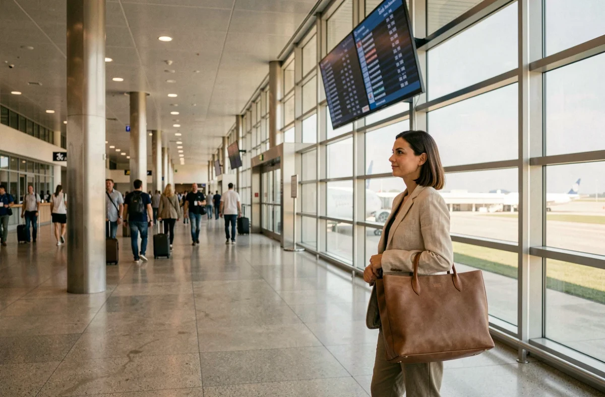 Voyageuse moderne dans un aéroport contemporain consultant les départs pour ses prochaines aventures Yoopi Travel