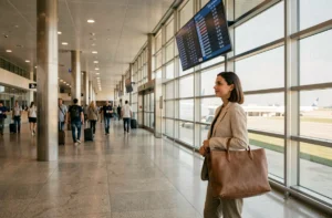 Voyageuse moderne dans un aéroport contemporain consultant les départs pour ses prochaines aventures Yoopi Travel