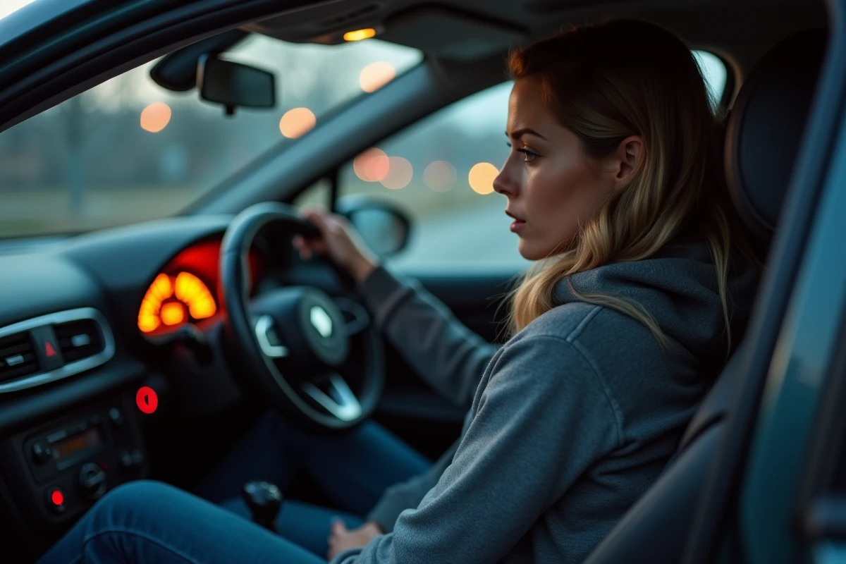 Conductrice inquiète observant le voyant risque casse moteur allumé sur le tableau de bord d'une Renault Clio 4